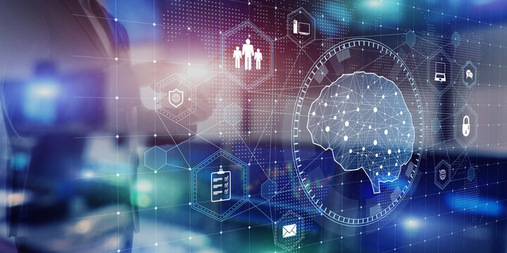 Artificial Intelligence Brain Visualization with Business Data Security Concept.