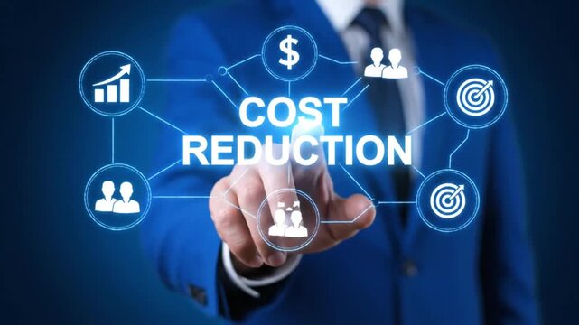 businessman touching virtual cost reduction text surrounded by financial and corporate management icons on digital interface