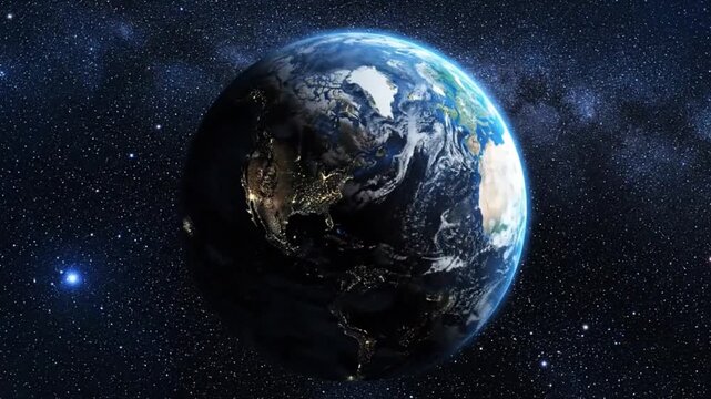 realistic planet earth in space with milky way galaxy background showing city lights and clouds
