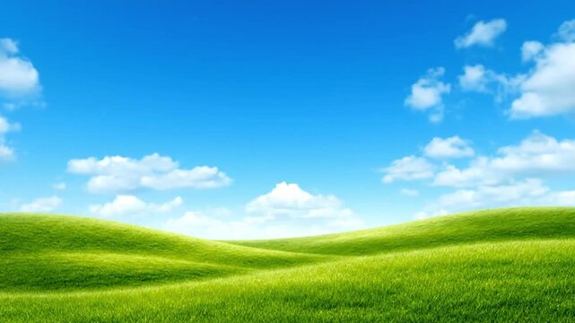 rolling green hills under a bright blue sky with fluffy white clouds on a sunny day