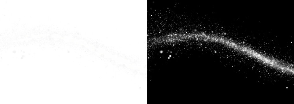 Bright silver dust particles with a shimmering glow and a sparkle effect. Abstract image with soft bokeh, festive sparkle, and dynamic movement.