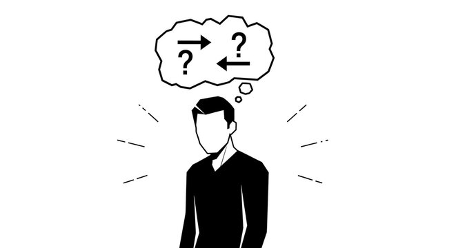 Man thinking with question marks and arrows in a thought bubble question mark thinking confusion decision uncertainty solution brainstorming illustration monochrome silhouette abstract