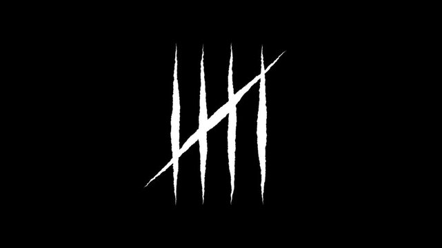 Animation tally mark five prison wall concept, five brush strokes, vertical and diagonal lines, black background, 4K video.