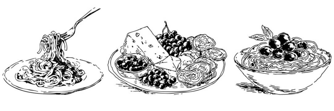 Italian Food Spaghetti, Cheese and Pasta Sketch. Restaurant Menu Doodle Design Elements Set. Mideterranean Cousine Hand Drawn Illustration.