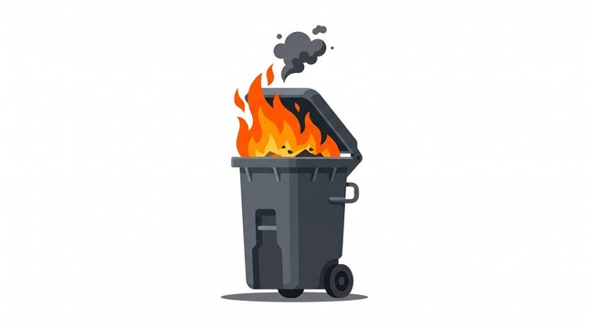 Vector illustration of a dark trash bin with bright orange flames and gray smoke rising from the open top, isolated on a white background.