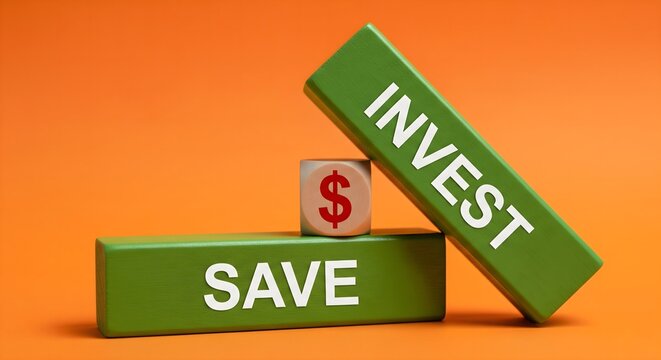 orange background with green blocks reading INVEST and SAVE and a s...
