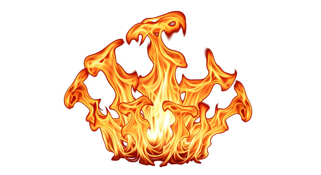 Fire flame burst isolated, realistic orange-yellow flames, white background, no shadows