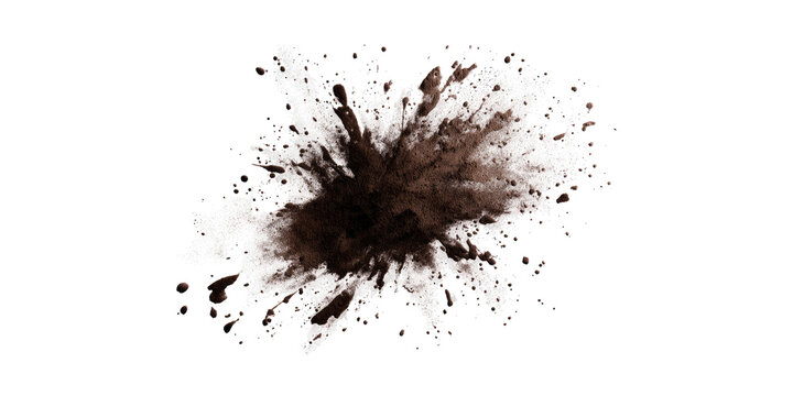Dark brown soil explosion against white background
