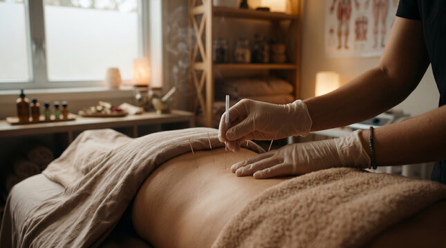 Acupuncturist's hands with gloves inserting needles into client's back