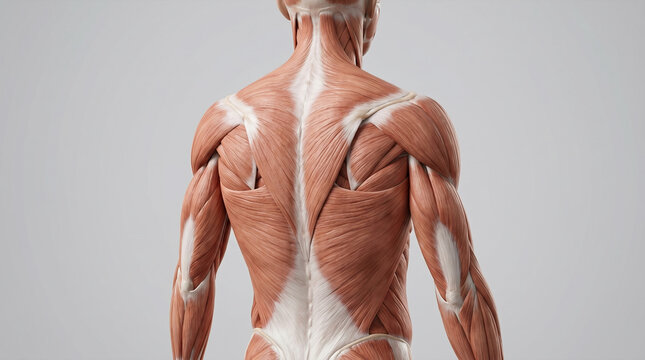 Anatomical model shows back muscles, deltoids, and trapezius for study.