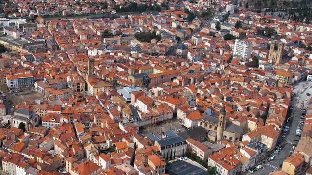 Aerial around the city Millau, 12100, France on a sunny day in early spring.