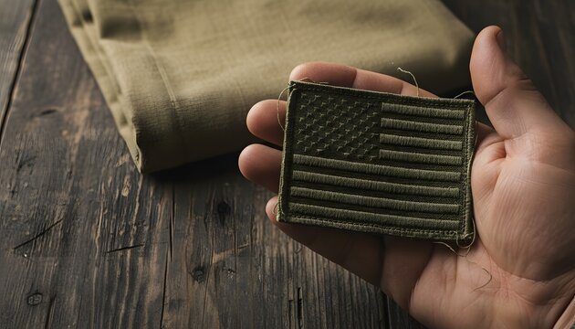 Close up of a military patch in hand against a wooden background with folded army uniform for veterans day honor and service concept with patriotic tone and moody lighting