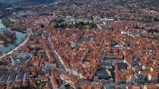 Aerial around the city Millau, 12100, France on a sunny day in early spring.