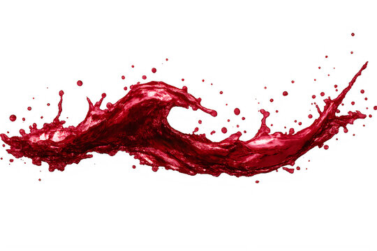 Dynamic red wine splash with liquid droplets, abstract wave of red juice or paint, flowing crimson liquid motion for beverage advertising isolated on White Background