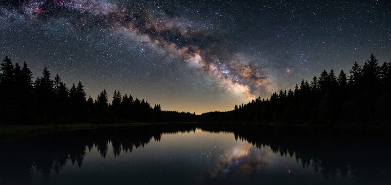 Milky Way Galaxy Over Silent Forest Lake at Night