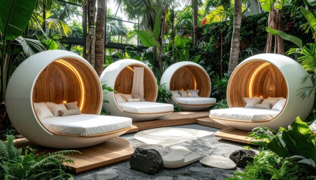 A serene outdoor oasis features several uniquely designed, egg-shaped daybeds nestled within a lush tropical garden setting, creating a luxurious and tranquil retreat.