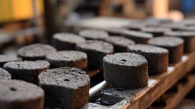 Close-up of numerous dark, cylindrical industrial objects or pellets with a small hole in their center, arranged systematically on a conveyor or drying rack in a factory setting, creating a focus on t