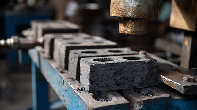 Close-up of a rustic industrial machine press shaping new perforated concrete blocks, symbolizing construction materials and a durable production process