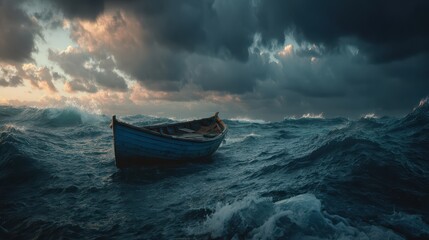 Obraz premium Realistic 8K photo of a small fishing boat battling stormy ocean waves, dark clouds, dramatic lighting, ultra-detailed water textures