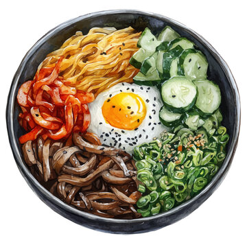 Bibimbap, vector clipart in watercolor with smooth gradients, isolated on a white background.