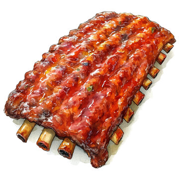 BBQ Ribs, vector watercolor clipart with soft pastel strokes, isolated on a white background.