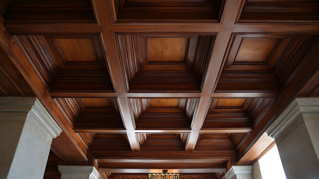 Elegant coffered wood ceiling design with rich brown tones and classic architectural details, perfect for upscale interiors and traditional spaces
