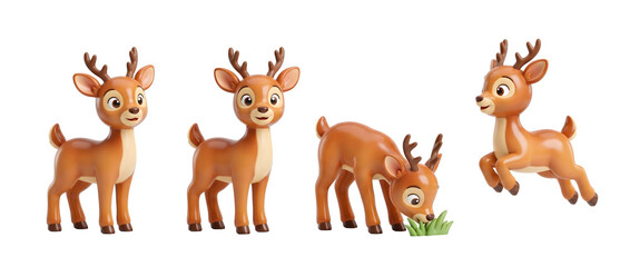 Fototapeta premium This image depicts a playful collection of charming cartoon-style deer in various poses, capturing the essence of wildlife in a clean and delightful minimal 3D interpretation.