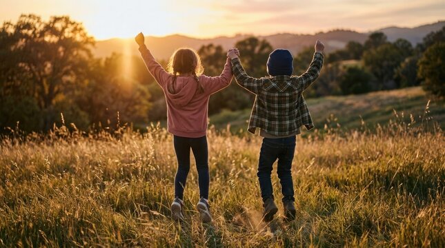 Happy international friendship day two friends celebrating together in a beautiful field at sunset