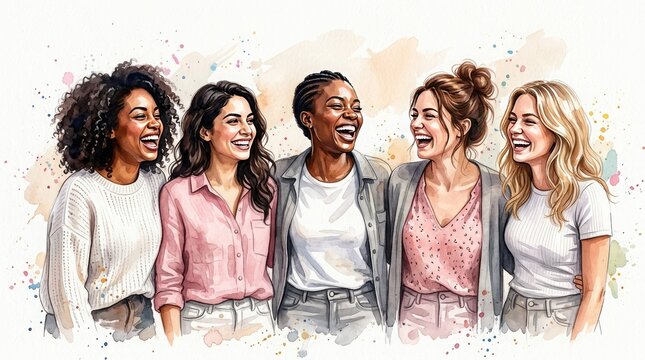 Happy international friendship day diverse women celebrating together watercolor illustration