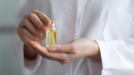 Fototapeta premium Close up of a hand holding a small glass bottle with yellow liquid, presenting a transparent vial of essential oil or serum on a white background