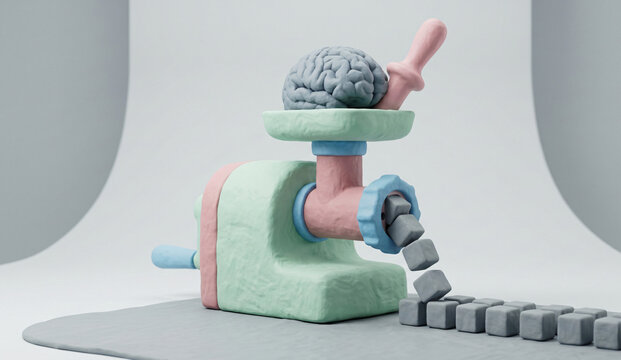 Conceptual 3D clay illustration of a meat grinder turning a human brain into identical grey cubes