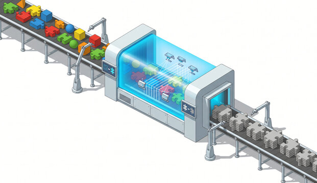 Isometric 3D illustration of a machine turning colorful puzzle pieces into identical grey ones