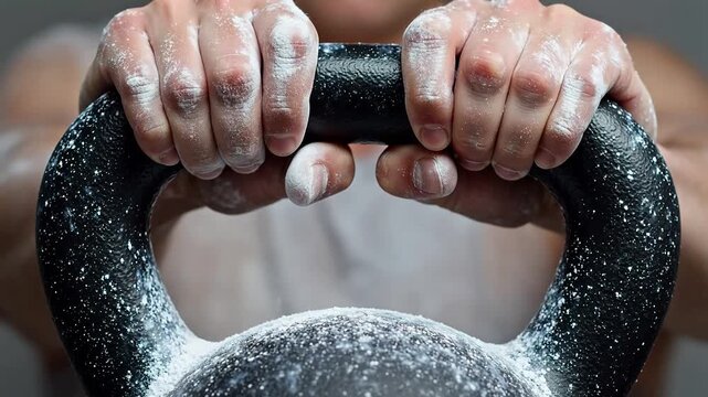 Hands gripping kettlebell with chalk emphasizing human connection and authentic emotions