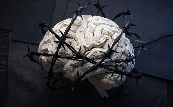 Multi-layered dark papercraft art of a human brain wrapped in barbed wire
