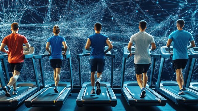Four people on treadmills in a gym, a digital network pattern behind them