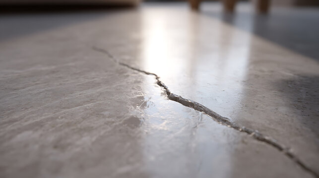 Close-up of a distinct crack in a weathered light-colored, possibly concrete or tiled, floor, illuminated by natural sunlight, focus on defect