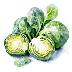 Fototapeta premium Brussels Sprouts, clipart vector in watercolor style with flowing brushwork, isolated on a white background.
