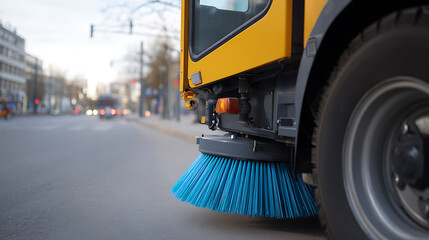 Fototapeta premium Industrial road cleaning vehicle with bright blue sweep brush in action on a city street, ready for maintenance and environmental sanitation works