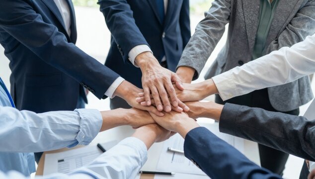 Diverse group of colleagues stack hands together to celebrate teamwork and success in the office