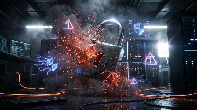 Heavy metal padlock shattering into glowing binary code dust