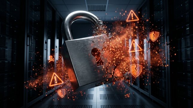 Heavy metal padlock shattering into glowing binary code dust