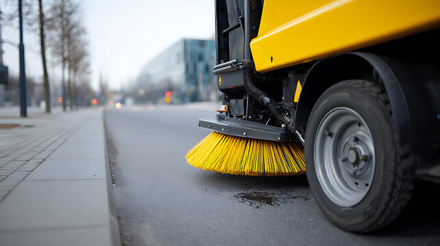 Urban street sweeper vehicle with rotating yellow brush clean city road, close-up view of the brush and tire, blurred sidewalk and buildings