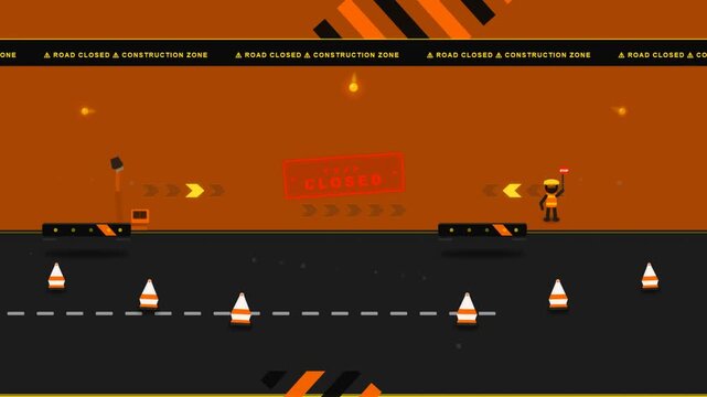 Construction Zone Road Closed Warning Sign Traffic Worker Motion Graphic Cartoon