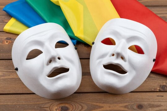 Two emotionless masks sit on a wooden table with rainbow fabric behind them