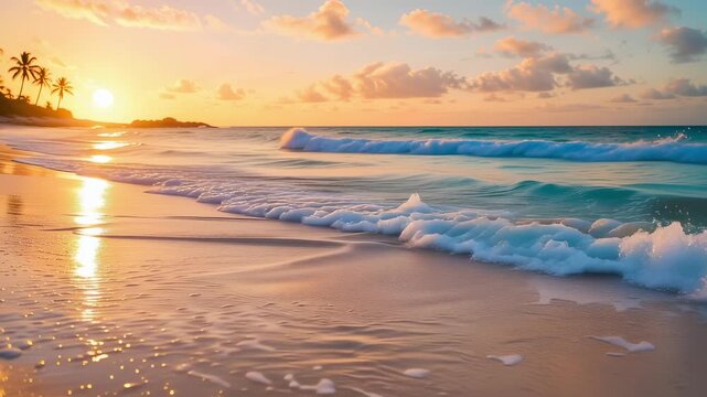 Ocean waves rolling onto sandy beach at sunset