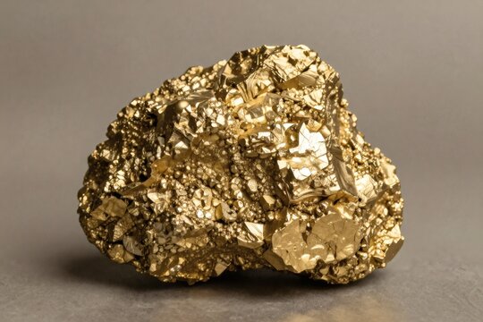 Close-up view of a shiny, textured piece of pyrite against a neutral background