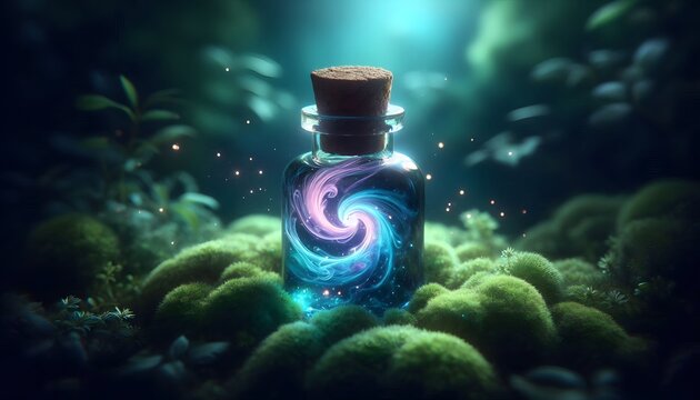 Magical antique vial filled with glowing galaxy liquid on moss