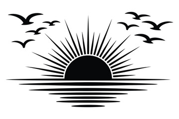 Sunrise over water with birds flying silhouette reflection silhouette © Sadek