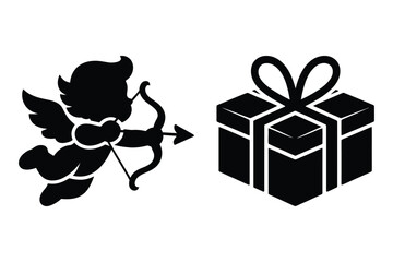 Obraz premium Cupid aiming bow and arrow at gift box with valentine celebration shooting