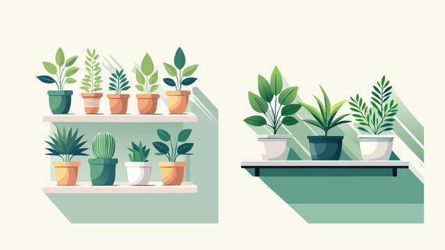 Collection of various potted plants on shelves, indoor greenery and home decor elements